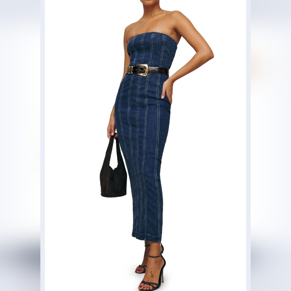 Reformation Anais Strapless Denim Midi Dress MERRITT, Size 4